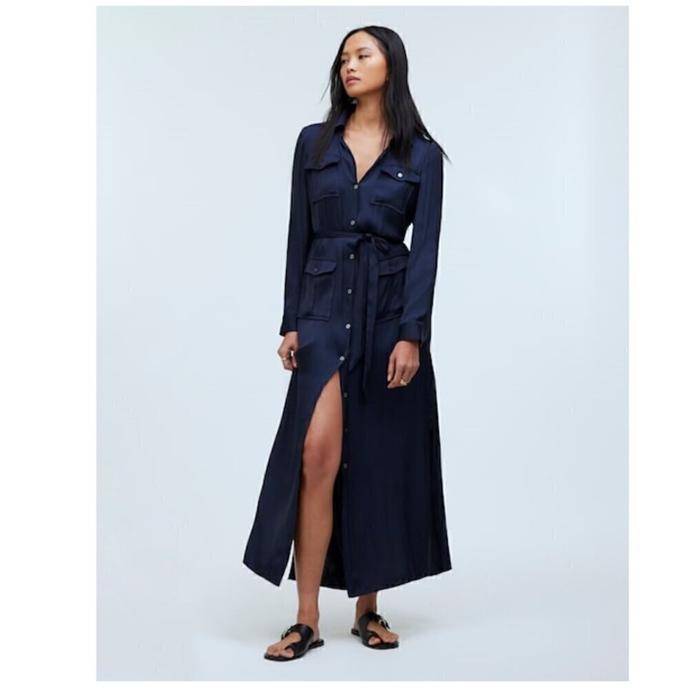 Madewell Button Front Utility Easy Fit Shirtdress Satin Dark Blue Size S NWT